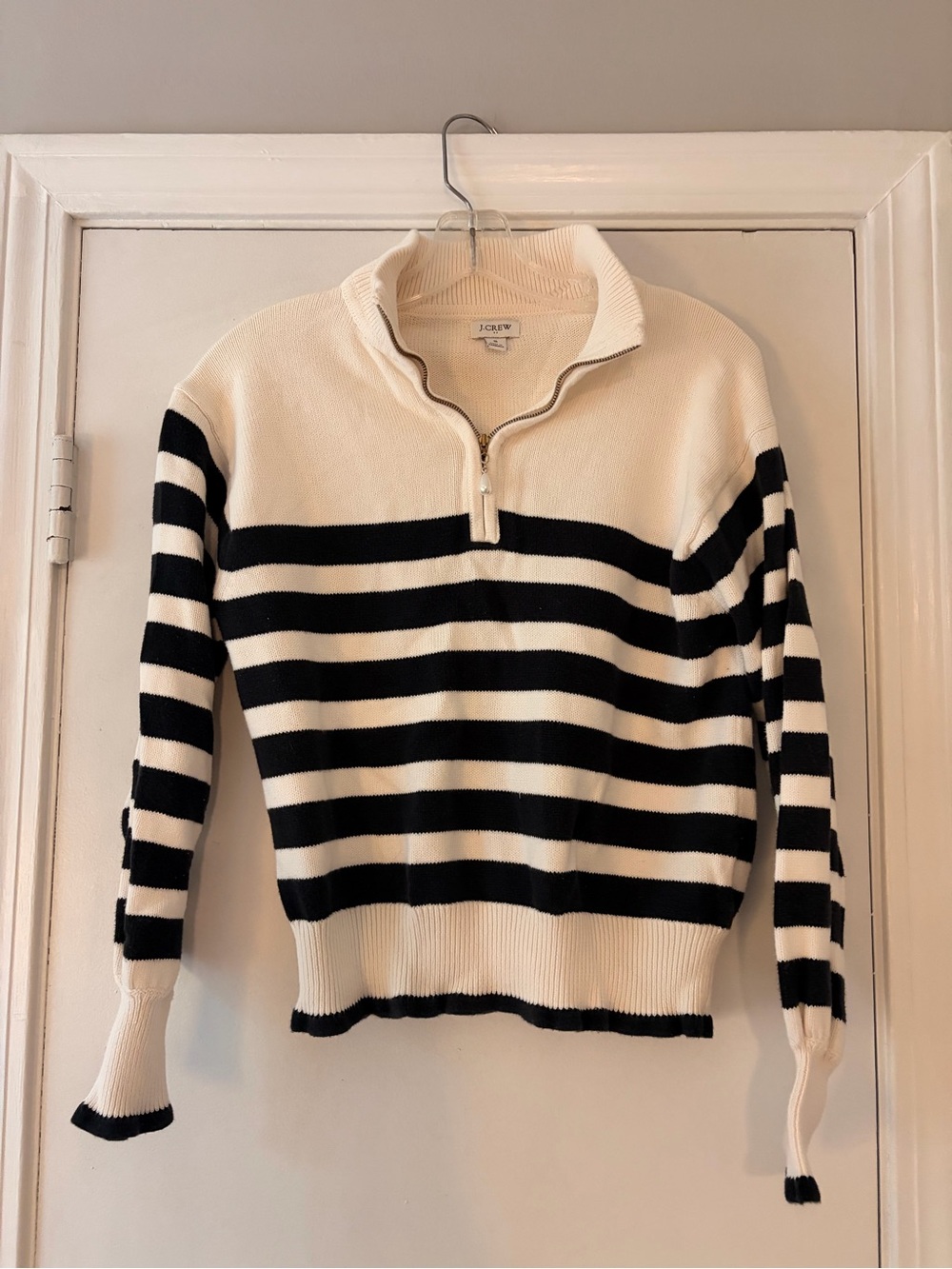 J. Crew Cream and Black Striped Half-Zip Turtleneck Sweater